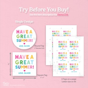 Puede incluir: Etiquetas redondas y cuadradas imprimibles de 7,6 cm con el texto "Have a Great Summer!" en letras de colores. Las etiquetas son personalizables con un nombre e incluyen un peque&ntilde;o coraz&oacute;n. Las etiquetas se muestran sobre un fondo blanco con un borde rosa.