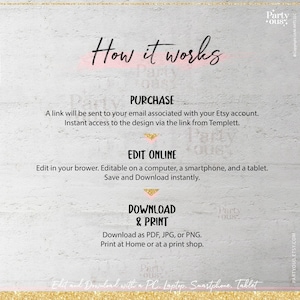 Puede incluir: C&oacute;mo funciona: Un gr&aacute;fico rosa y dorado con instrucciones para comprar, editar y descargar un dise&ntilde;o imprimible. El texto dice "Comprar", "Editar en l&iacute;nea" y "Descargar e imprimir".