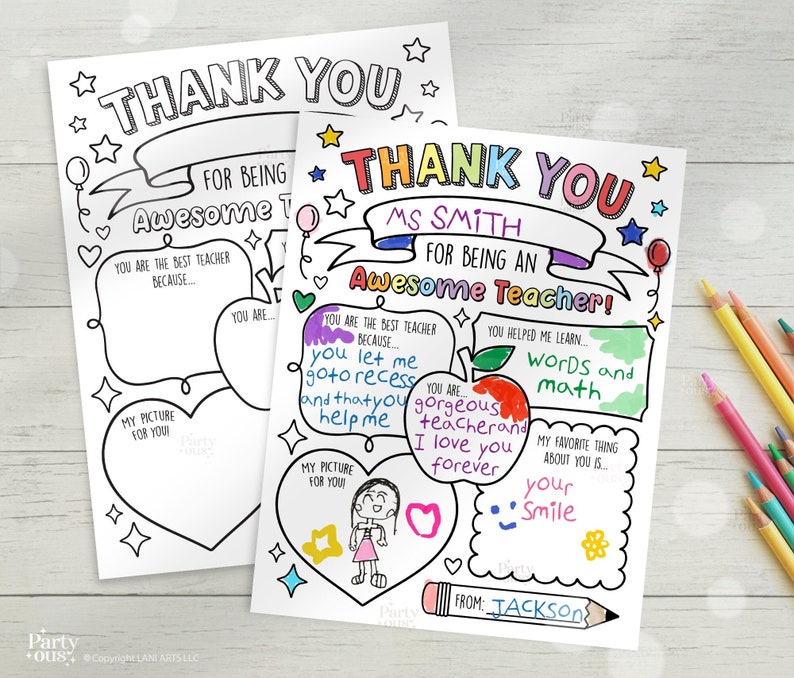 May include: Two printable thank you cards for teachers. The cards are decorated with colorful stars, hearts, and balloons. The text on the cards reads 'Thank You for Being an Awesome Teacher!' and includes space for a student to write a message and draw a picture. The cards are designed for coloring.