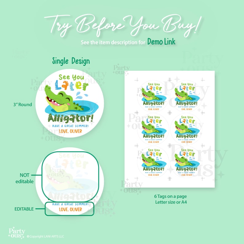 Editable Last Day of School Tag End of Year Friends Gift Tags Alligator ...