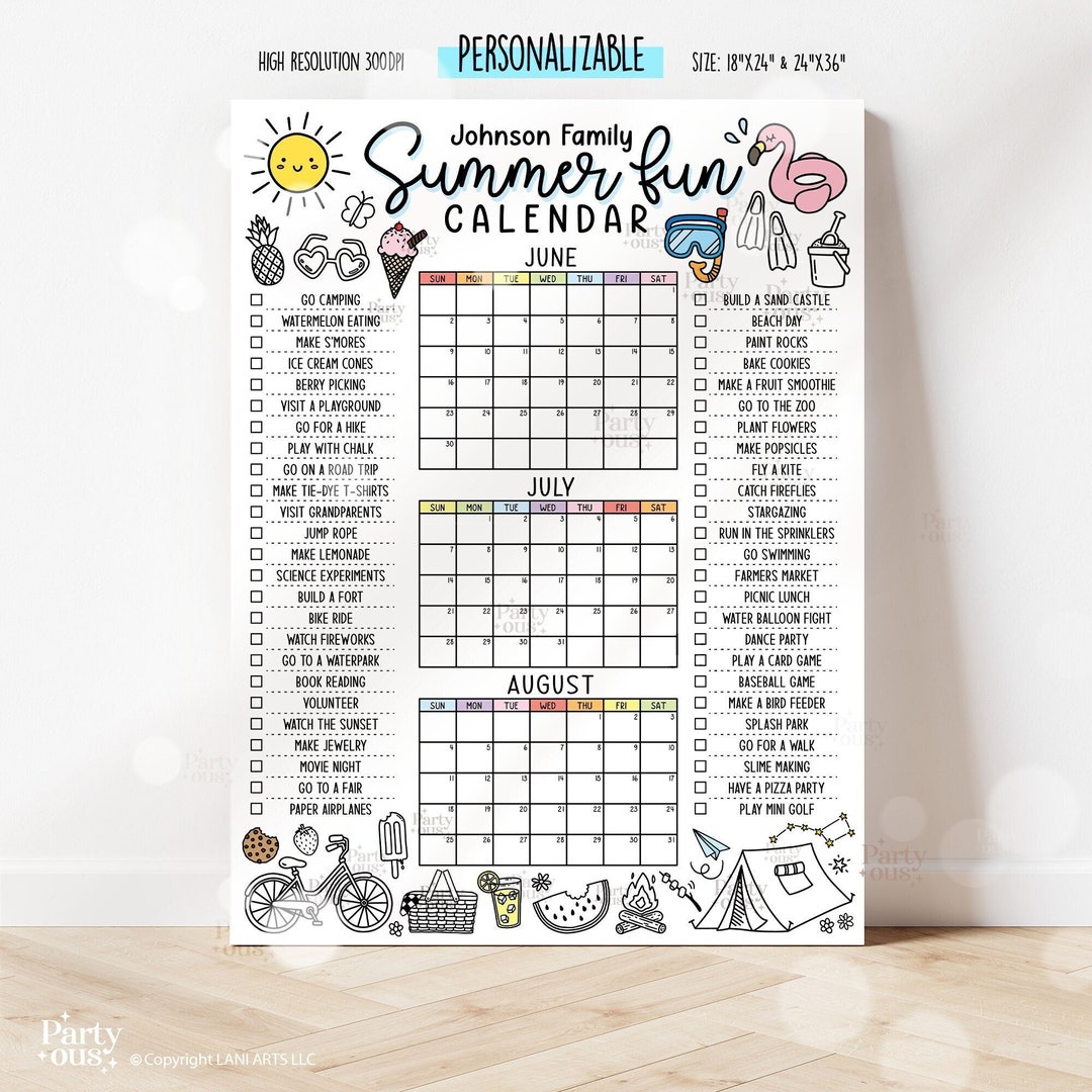 Editable Summer Calendar Coloring Poster Printables Family Summer Fun