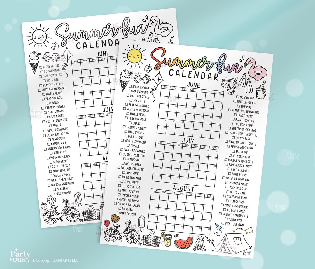 Printable Summer Fun Calendar Poster Summer Bucket List Family Planner