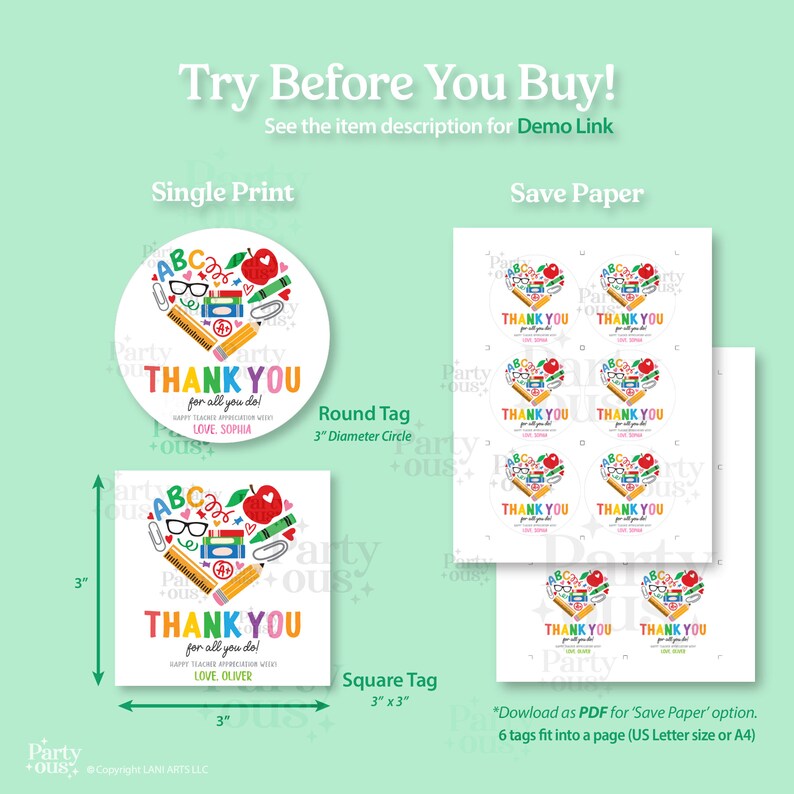 May include: Printable teacher appreciation tags in a heart shape with school supplies and the text "Thank You for all you do!"  The tags are available in two sizes: 3-inch round and 3-inch square.  The image shows a sample of the tags printed on white paper.