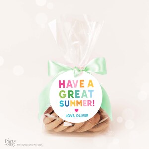 Puede incluir: Una etiqueta redonda blanca con un mensaje colorido que dice "Have a Great Summer!" y "Love, Oliver". La etiqueta est&aacute; atada con una cinta verde claro a una bolsa de celof&aacute;n transparente llena de galletas.