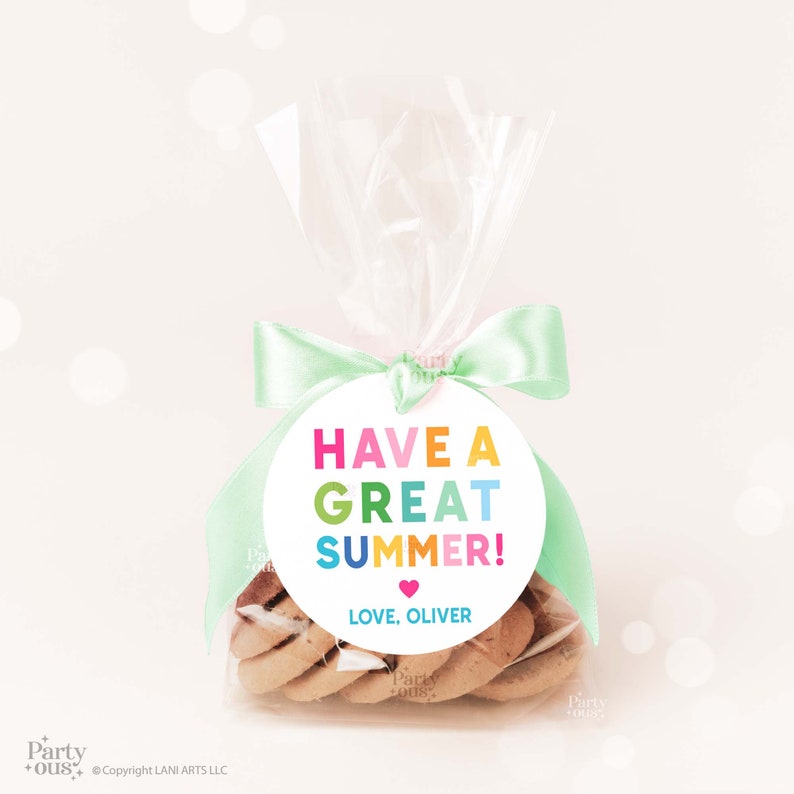 Puede incluir: Una etiqueta redonda blanca con un mensaje colorido que dice "Have a Great Summer!" y "Love, Oliver". La etiqueta est&aacute; atada con una cinta verde claro a una bolsa de celof&aacute;n transparente llena de galletas.
