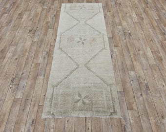 3x8 Vintage Runner, Narrow Oushak Runner, Neutral Wool Runner, Handmade Old Runner, Tribal Ethnic Runner, 3x8 Hallway Rug, Turkish Muted Rug