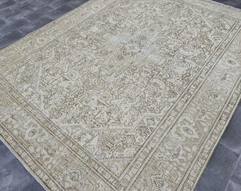 Alfombra vintage de 9x12, alfombra Oushak neutra, alfombra beige hecha a mano, alfombra para sala de estar, alfombra turca antigua, alfombra de lana extragrande, alfombra para dormitorio de 9x12, alfombra