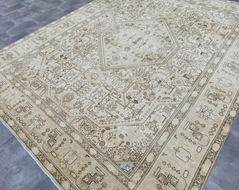 9x12 Vintage Rug, Antique Area Rug, Dining Room Rug, Oversized Wool Rug, Handmade Heriz Rug, 9x12 Neutral Rug, Pale Anatolian Rug, Boho Rug
