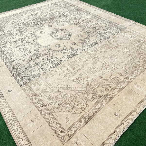 Turks tapijt 10 x 12, groot vintage tapijt, laagpolig tapijt, antiek Oushak-tapijt, oversized vervaagd tapijt, woonkamertapijt, neutraal tapijt 10 x 12, handgemaakt tapijt
