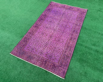 Floral Purple Turkish Rug 4x6, Low Pile Oushak Rug, Antique Vintage Rug, 4x6 Neutral Area Rug, Muted Kitchen Rug, Faded Bohemian Rug