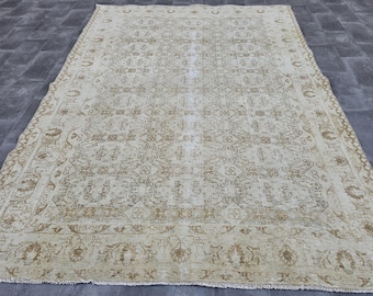8x10 Handmade Oushak Rug, Soft Vintage Rug, Antique Turkish Rug, Large Area Rug, 8x10 Hand Woven Rug, Wool Faded Rug, Beige Brown Area Rug