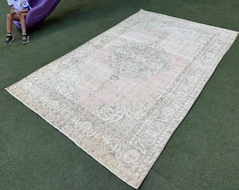 6x10 Turkish Rug, Vintage Antique Rug, Dining Room Rug, Tribal Oushak Rug, 6x10 Neutral Rug, Oversized Pale Rug, Anatolian Muted Rug, Rug