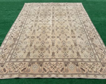 Alfombra tejida a mano de 9x12, alfombra turca antigua, alfombra Oushak neutra, alfombra pálida extragrande, alfombra para comedor, alfombra anatolia de 9x12, alfombra grande vintage