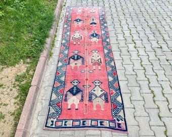 Alfombra de pasillo rosa de 3x9 pulgadas, alfombra de pasillo vintage de lana, alfombra de pasillo con estampado humano, alfombra de pasillo corta Oushak, alfombra de pasillo turca de 3x9 pulgadas, alfombra suave de Anatolia, alfombra de pasillo de 3x9 pulgadas
