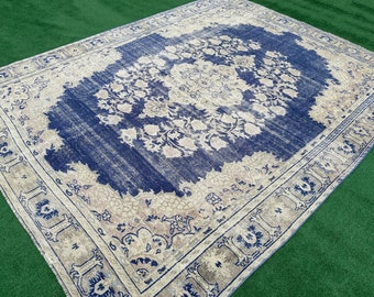 Alfombra tejida a mano de 8x10, alfombra turca neutra, alfombra vintage en tonos apagados, alfombra de lana hecha a mano, alfombra azul beige, alfombra de comedor, alfombra Oushak de 8x10
