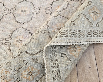 6x8 Neutral Oushak-matta, Mjuk turkisk matta, Geometrisk matta, Antik ullmatta, Traditionell matta, Boho-dekormatta, Överdimensionerad bleknad matta, Matta