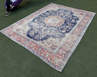 Alfombra turca de 8x10, alfombra neutra hecha a mano, alfombra azul oriental, alfombra de comedor, alfombra tribal anatolia, alfombra vintage, alfombra oushak de 8x10, alfombra bohemia