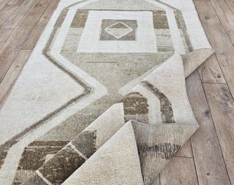 3x15 Neutral Rug, Vintage Corridor Rug, Turkish Beige Runner, Handmade Long Runner, Tribal Wool Runner, Unique Oushak Runner, 3x15 Runner