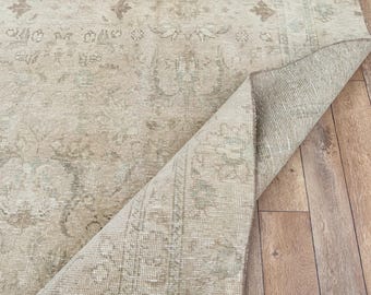 Alfombra neutra de 9x12, alfombra grande hecha a mano, alfombra Oushak antigua, alfombra pálida de Anatolia, alfombra para comedor, alfombra turca de tonos suaves, alfombra vintage de 9x12, alfombra bohemia