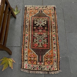 1x3 Turkish Vintage Oushak Door Mat Rug, Anatolian Rug, 1x3 Mini Rug, Turkish Rug, Rug Turkish 1x3, Handmade Wool Rug, Door Mat, Boho Rug