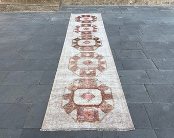 3x12 Vintage Turkish Runner, Handmade Oushak Rug 3x12, Bohemian Rug, Coridor Rug, Hallway Rug, Old Antique Runner Rug, Anatolian Runner Rug