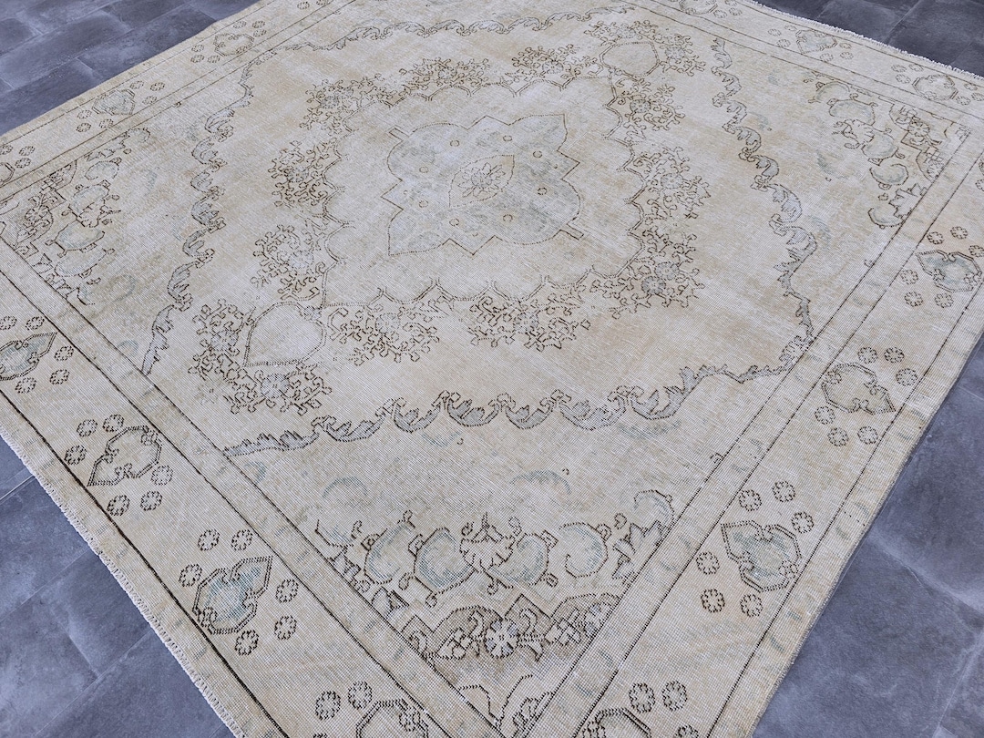 9x9 Neutral Rug, Vintage Turkish Rug, Living Room Rug, Hand Knotted Rug ...