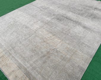 Alfombra turca de 9x12, alfombra grande vintage, alfombra Oushak extragrande, alfombra antigua neutra, alfombra para comedor, alfombra para dormitorio de 9x12, alfombra antigua tradicional