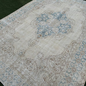 Large Turkish Rug 8x11, Beige Brown Blue Rug, Antique Vintage Rug, Neutral Oushak Rug, 8x11 Handmade Rug, Oversize Oriental Rug, Bedroom Rug