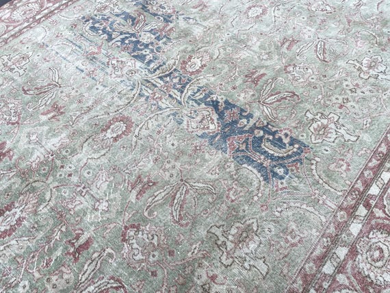 9x13 Vintage Rug, Turkish Large Rug, Low Pile Rug, Anatolian Old Rug, Custom Oushak Rug, 9x13 Bedroom Rug, Antique Neutral Rug, Green Rug