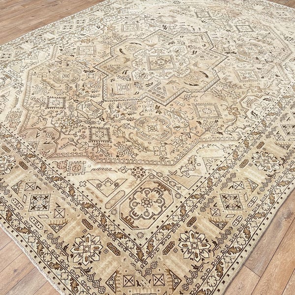 10 x 12 neutraal tapijt, vintage heriz-tapijt, antiek zacht tapijt, Turks groot tapijt, 10 x 12 handgemaakt tapijt, vervaagd Oushak-tapijt, gedempt Anatolisch tapijt, tapijt