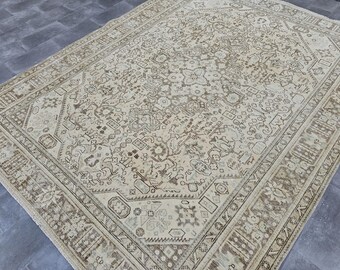 8x10 Oversized Rug, Antique Oushak Rug, Faded Turkish Rug, Neutral Handmade Rug, Vintage Large Rug, 8x10 Bedroom Rug, Low Pile Area Rug