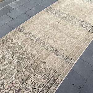 4x13 Wide Turkish Runner, Neutral Beige Runner, Muted Kitchen Rug, Long Oushak Runner, Low Pile Runner, 4x13 Vintage Runner, Hallway Runner