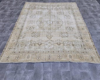 Alfombra turca de 9x12, alfombra vintage, alfombra neutra hecha a mano, alfombra para sala de estar, alfombra Oushak de tonos suaves, alfombra de lana extragrande, alfombra antigua de 9x12, alfombra