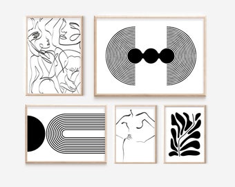 Wall Art Set of 5 | Abstract Boho Art Set of 5 Prints | Mid Century Wall Line Art Print Set | Bohemian Wall Decor Art Set | Digital