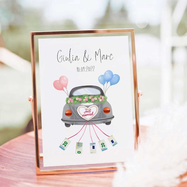 Money Gift Wedding Personalized | Just Married Car Grey | Wedding Posters Personalized | Wedding gift money | Digital Download