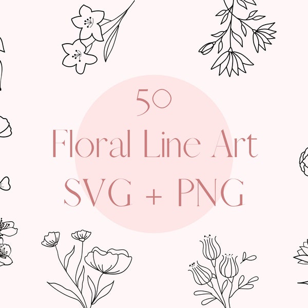 Florales Line Art Svg | Botanical Line Art Svg | Wildflowers Png | Flower Clipart | Flowers and leaves Bundle Svg