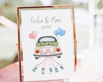 Geld Cadeau Bruiloft Poster | Just Married Car Beige | Trouwposter gepersonaliseerde | | Huwelijkscadeau geld Digitale download