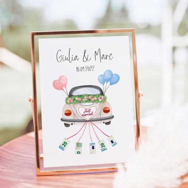 Money Gift Wedding Poster | Just Married Car Beige | Wedding Poster Personalized | | Wedding Gift Money Digital Download