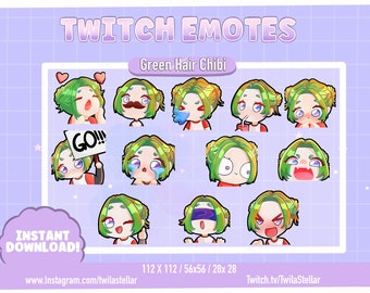 12 Green Hair Chibi Girl Emote Pack | Twitch Emotes | Cute emote Pack | e girl | Kawaii |  St. Patricks Day Emote