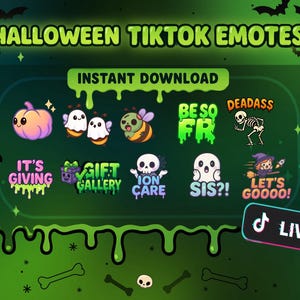 May include: A digital graphic featuring Halloween-themed TikTok emotes. The emotes include a pumpkin, ghosts, a bee, a skeleton, and phrases like "It's Giving" and "Let's Goooo!" The background is dark green with bats and bones.