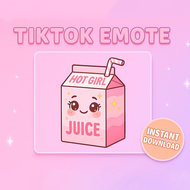 Puede incluir: Una caja de jugo de dibujos animados rosa con una cara sonriente, las palabras "HOT GIRL JUICE" y una pajita. La imagen tambi&eacute;n incluye el texto "TIKTOK EMOTE" y "INSTANT DOWNLOAD" sobre un fondo rosa.