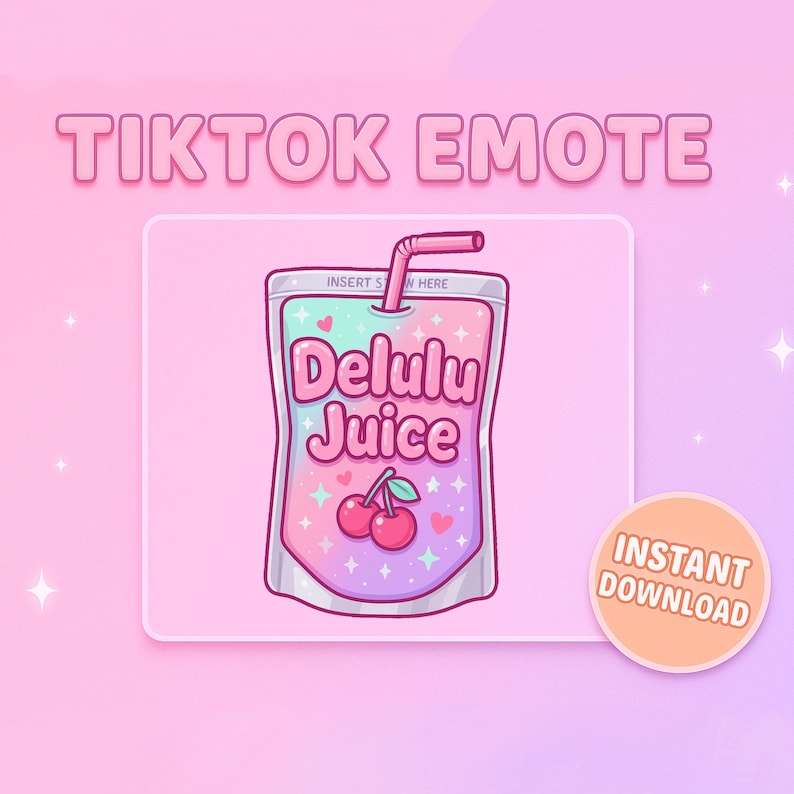 Puede incluir: Ilustraci&oacute;n digital de una caja de jugo con el texto "Delulu Juice" y cerezas. La imagen est&aacute; sobre un fondo rosa con las palabras "TikTok Emote" en la parte superior y "Descarga instant&aacute;nea" en un c&iacute;rculo.