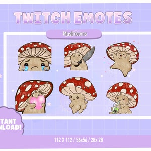 Cute Mushroom Emote Pack | Twitch Emotes |7 Emotes Ready to use! | Kawaii | Red | Creepy Kawaii Amanita | Cottage Core sub emote