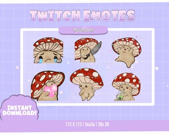 Cute Mushroom Emote Pack | Twitch Emotes |7 Emotes Ready to use! | Kawaii | Red | Creepy Kawaii Amanita | Cottage Core sub emote