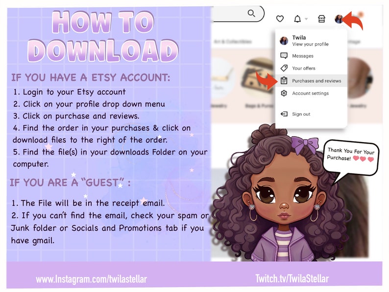 Puede incluir: Gr&aacute;fico de arte digital con instrucciones sobre c&oacute;mo descargar archivos de Etsy. La imagen presenta una ilustraci&oacute;n de dibujos animados de una mujer con cabello rizado y un atuendo morado. El texto incluye "C&oacute;mo descargar" y los pasos para los titulares de cuentas de Etsy e invitados. Tambi&eacute;n se muestran los identificadores de redes sociales.