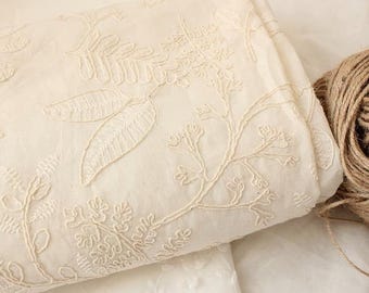 Tela de algodón con flores, tela bordada, tela beige, tela para vestidos, tela floral, tela de algodón bordada, tela de algodón, tela por medio metro