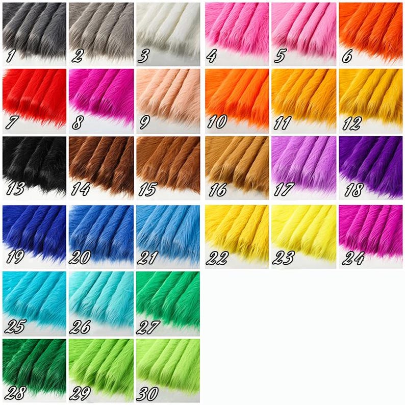May include: A collection of thirty swatches of long-pile faux fur fabric, each labeled with a number from 1 to 30. The swatches display a wide variety of solid colors, including shades of gray, white, pink, orange, red, yellow, brown, purple, blue, and green.