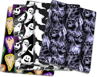 Tela de Halloween, tela de calaveras, tela de fantasmas, tela festiva, tela estampada, tela para tapicería, tela para decoración de Halloween, tela por medio metro