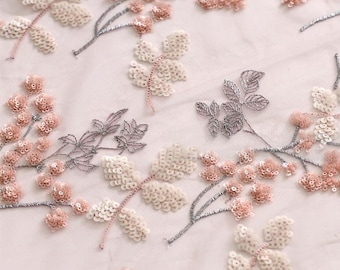 Tela de encaje rosa, tela de malla de tul, tela bordada, tela para bodas, tela de encaje floral, tela para vestidos, tela de encaje con lentejuelas, tela por 1/2 yarda