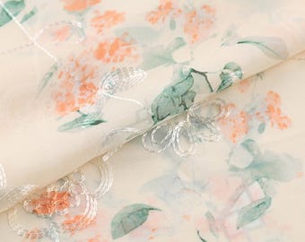 Tissu mousseline à fleurs, tissu brodé, tissu pour robe d'été, tissu fleuri, mousseline, tissu doux, tissu pour rideaux, tissu vendu au demi-mètre.